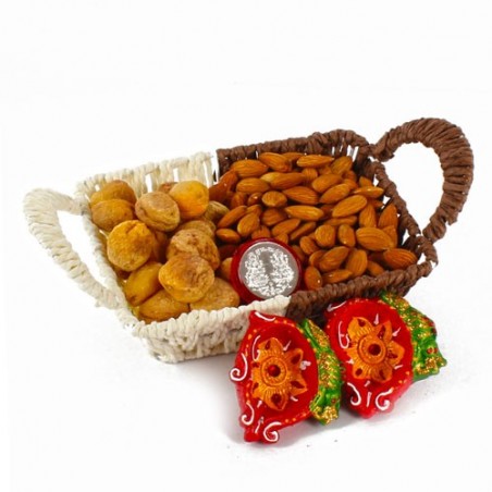 Almond and Dry Apricot In Basket with Earthen Diya Included Silver Plated Lakshmi Ganesha Coin