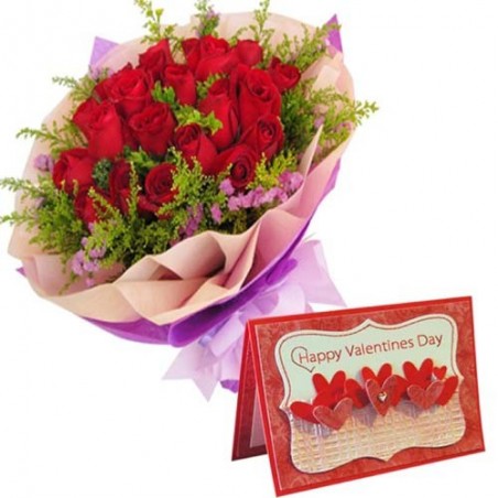 Valentine Greeting Card with Red Roses Bouquet