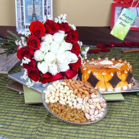 Butterscotch Cake with Mix Dryfruits and Roses Bouquet