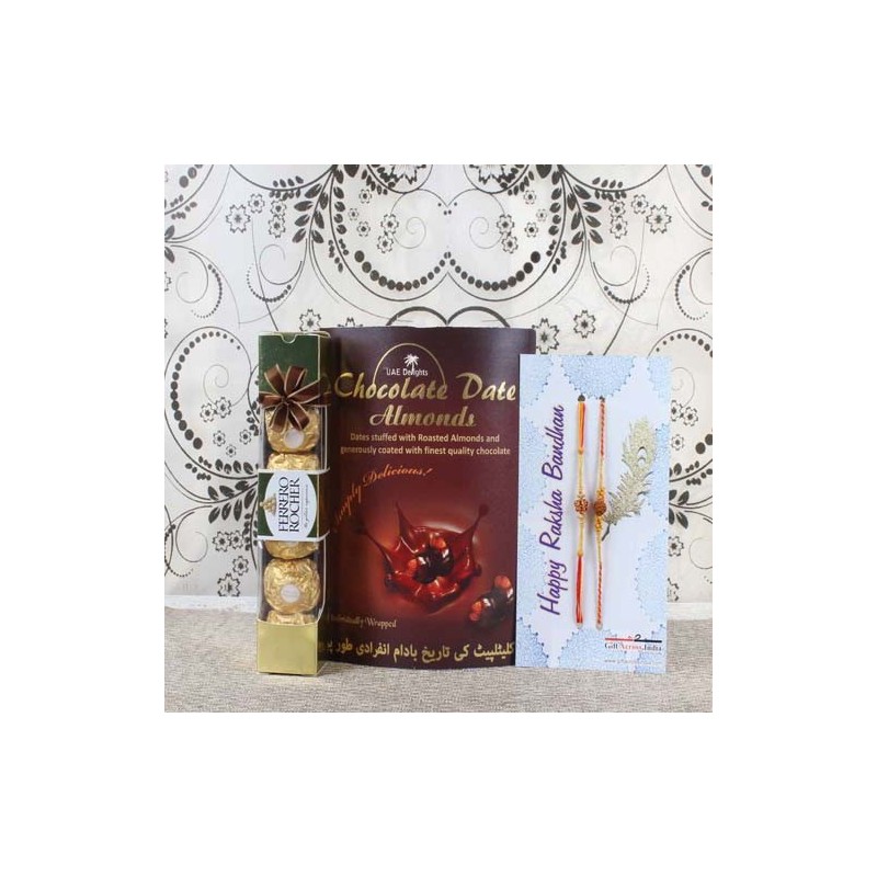 Double Rakhi with Chocolate Dates Almond and Ferrero Rocher Chocolate Pack