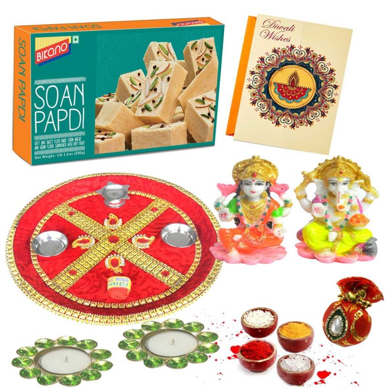 Diwali Puja thali with soan papdi