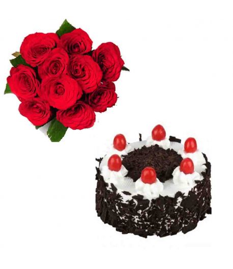 Blackforest cake 500gm,10 Red rose bunch